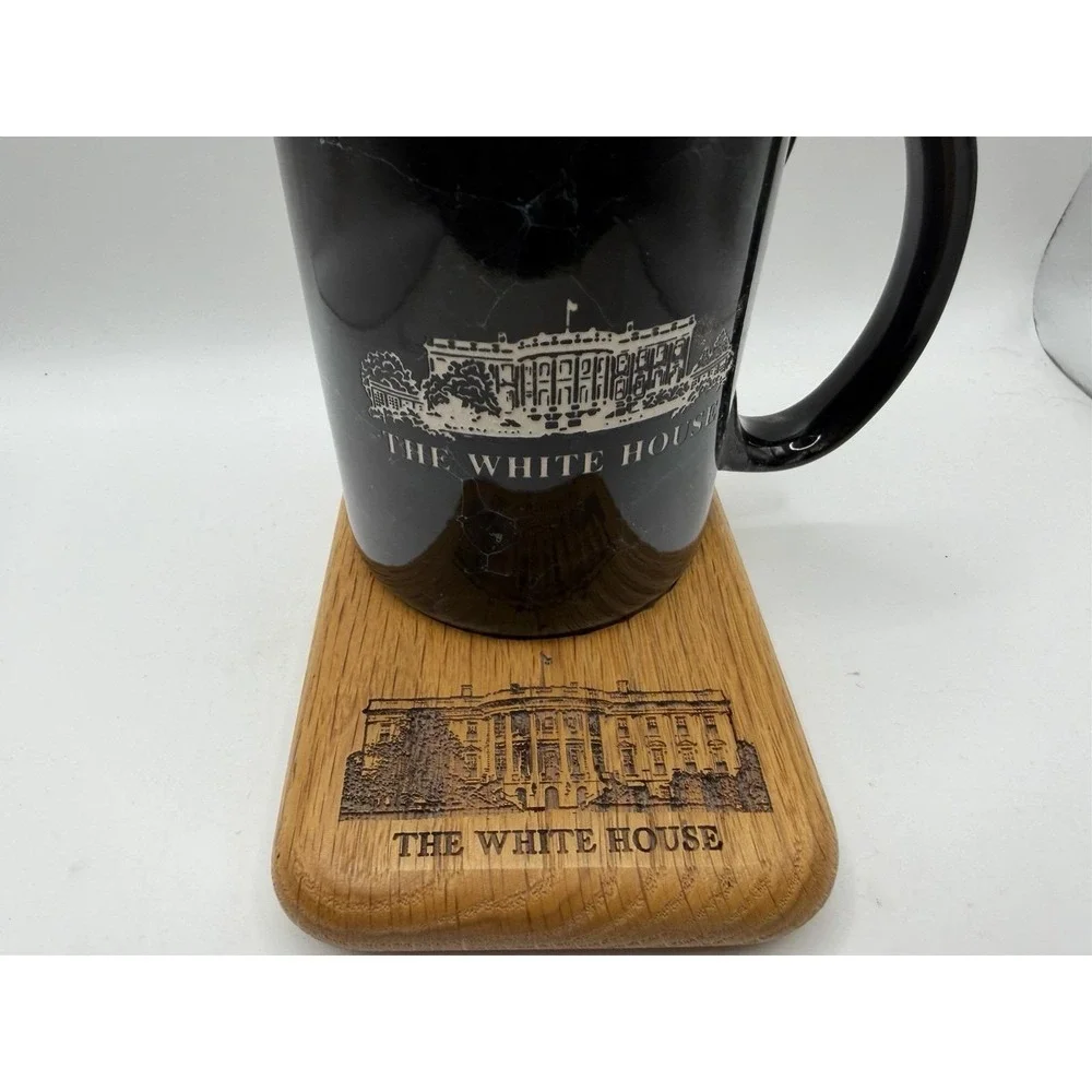 Vintage White House Mug & Wood‎ Cork Coaster Set Marble Look Souvenir
